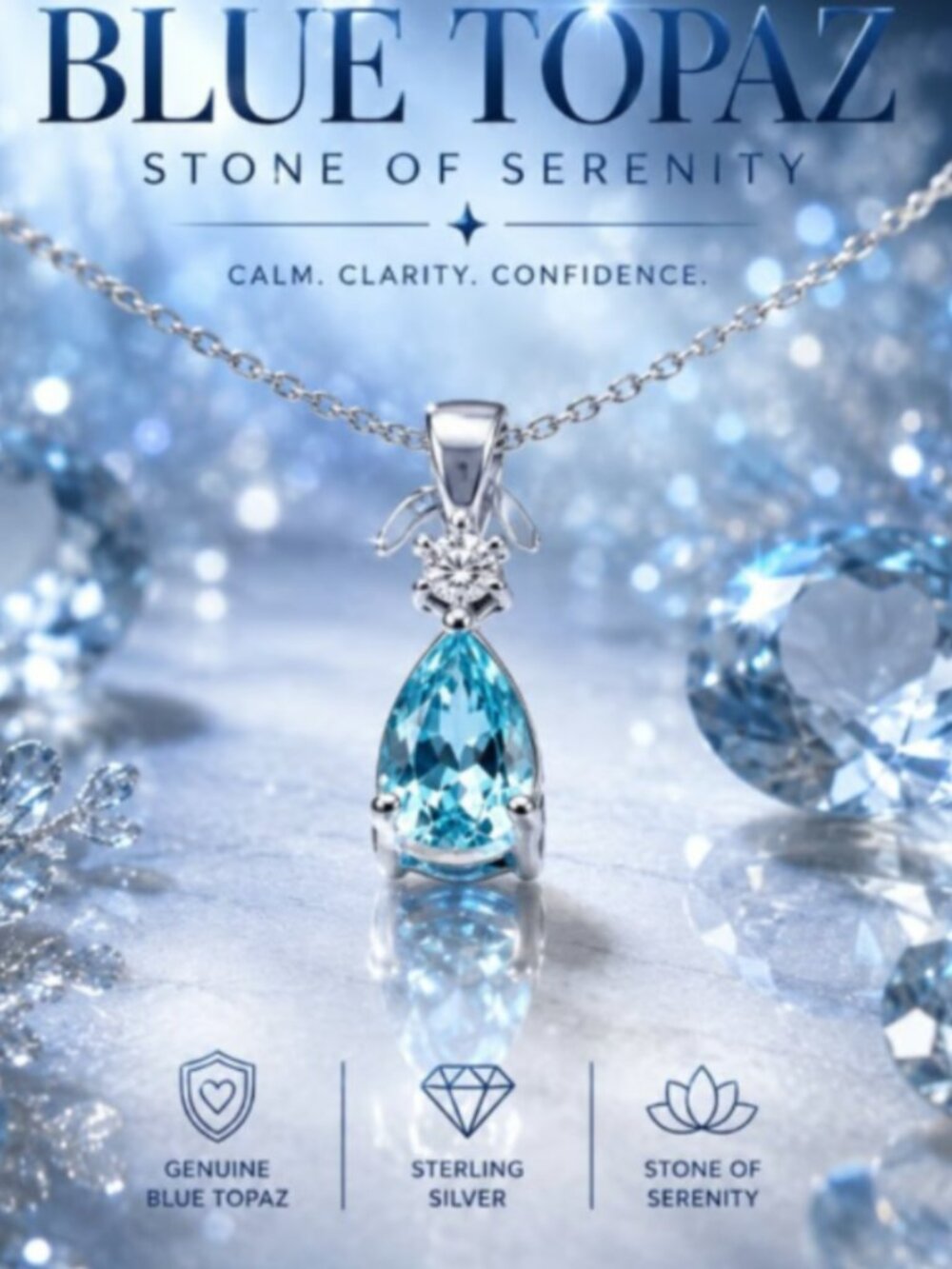 Authentic Genuine Blue Topaz Sterling Silver Teardrop Drop Pendant Necklace